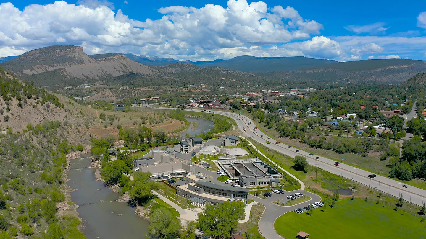 Aerial view of the Santa Rita Wastewater Treatment Plant Administration Building in Durango, Colorado.