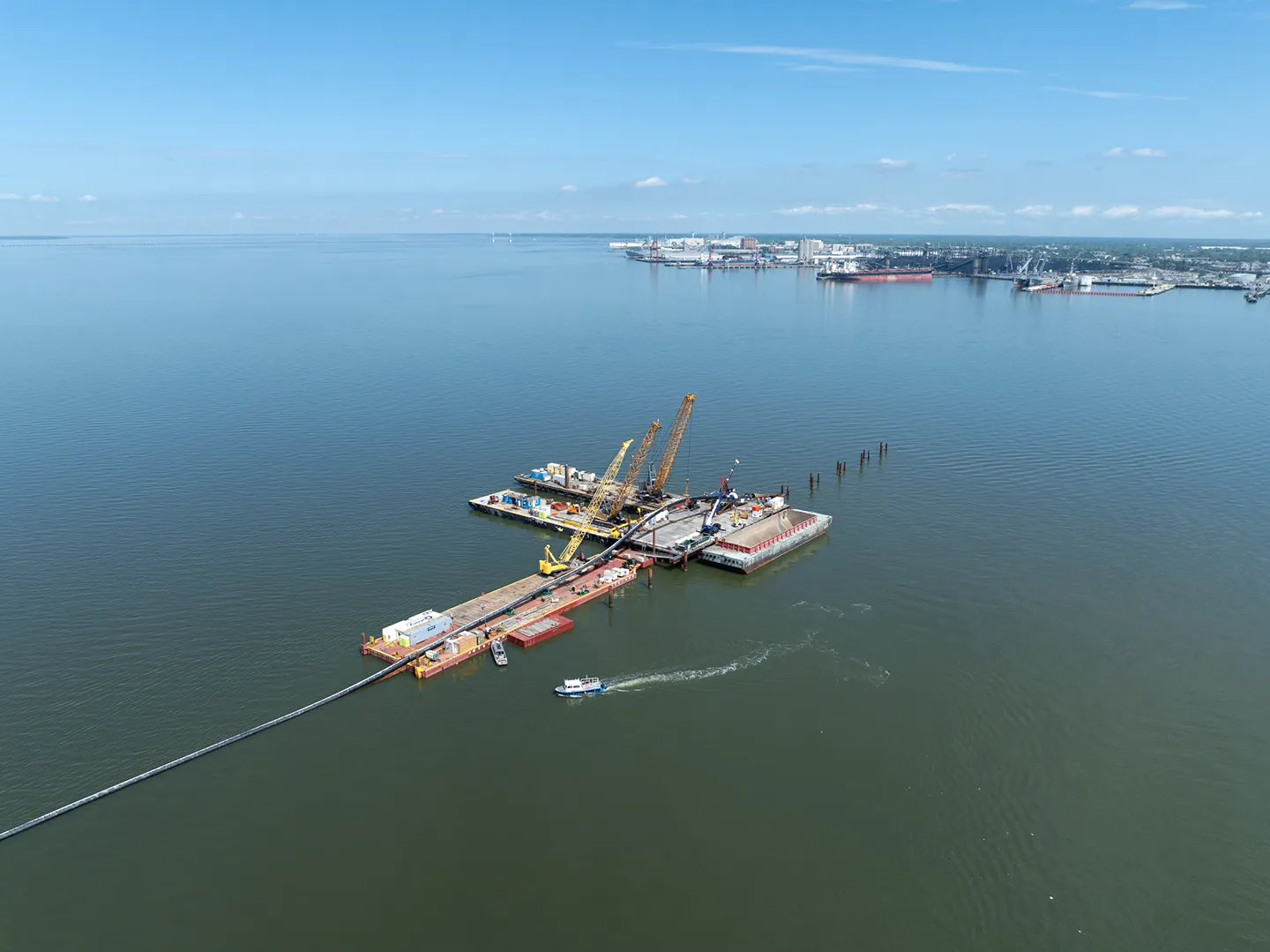 Sunset view of HDD installation under shipping channel in Newport News, Virginia. Photo courtesy of Garney Construction.