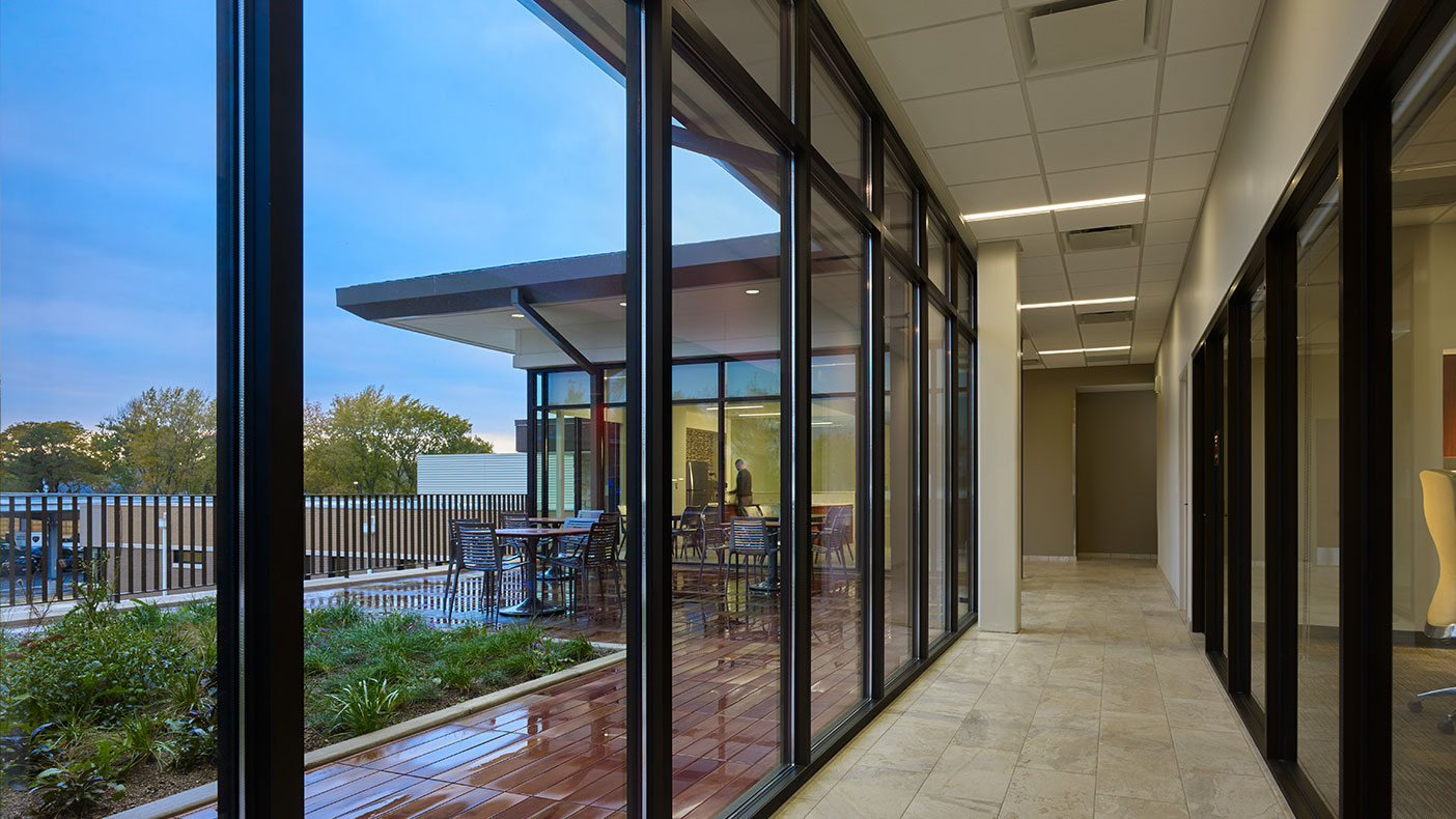 The new municipal complex design includes a secured, outdoor staff break terrace on the second level featuring a green roof and seating areas.