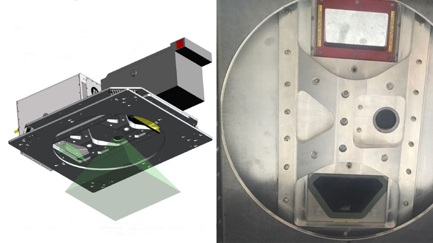 L: Engineering model illustrating the install of the lidar and imagery sensors (image courtesy Leading Edge Geomatics). R: Sensors installed on the mounting plate in the Piper Navajo aircraft.