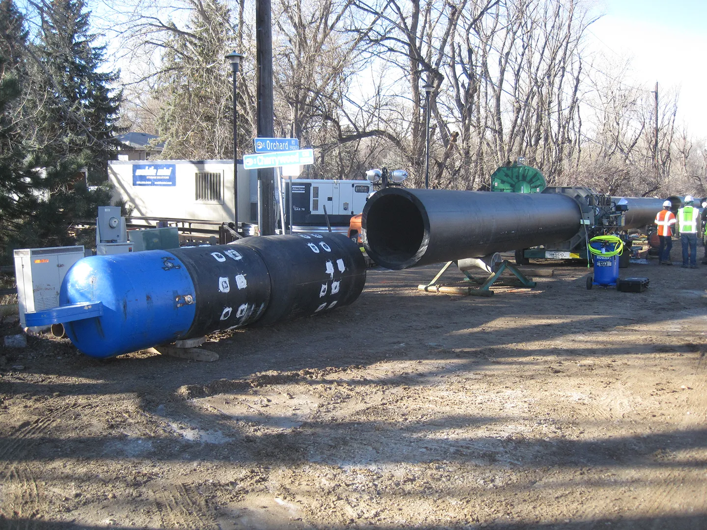 The pull head ready to be fused onto the new 48-inch HDPE pipe.