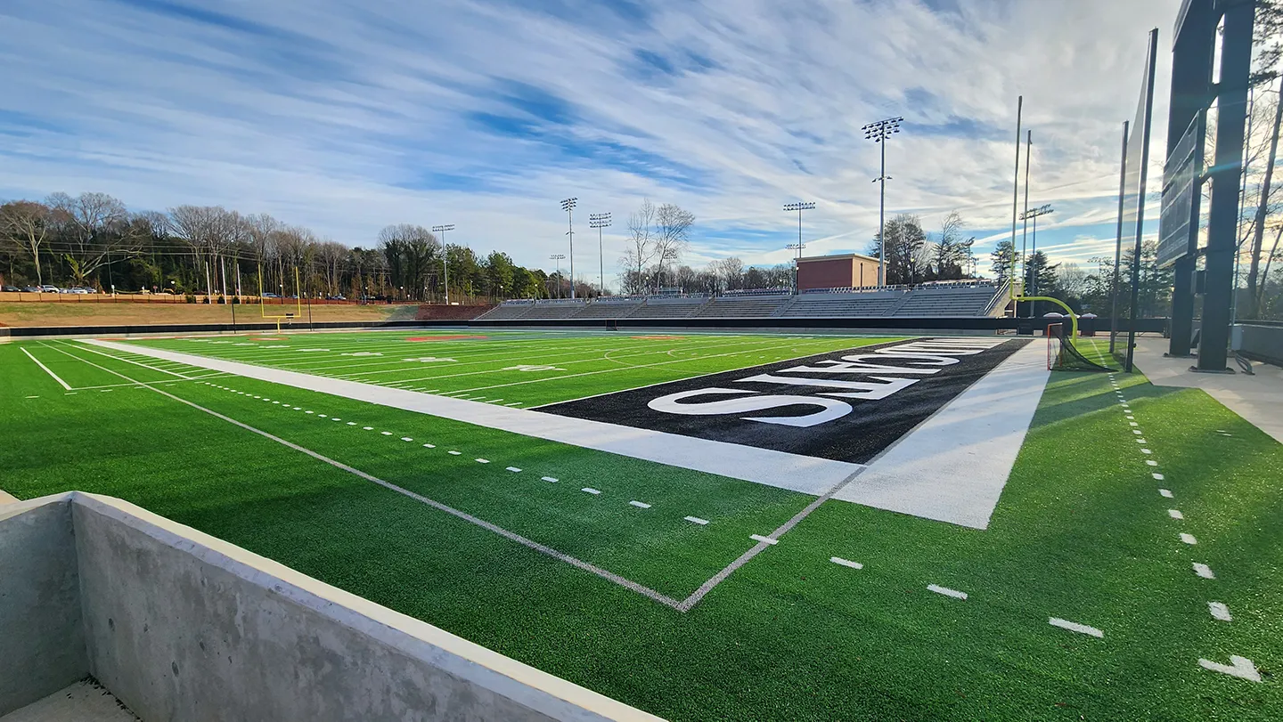 The synthetic turf field is striped for both football and lacrosse to serve the campus’ athletic needs.