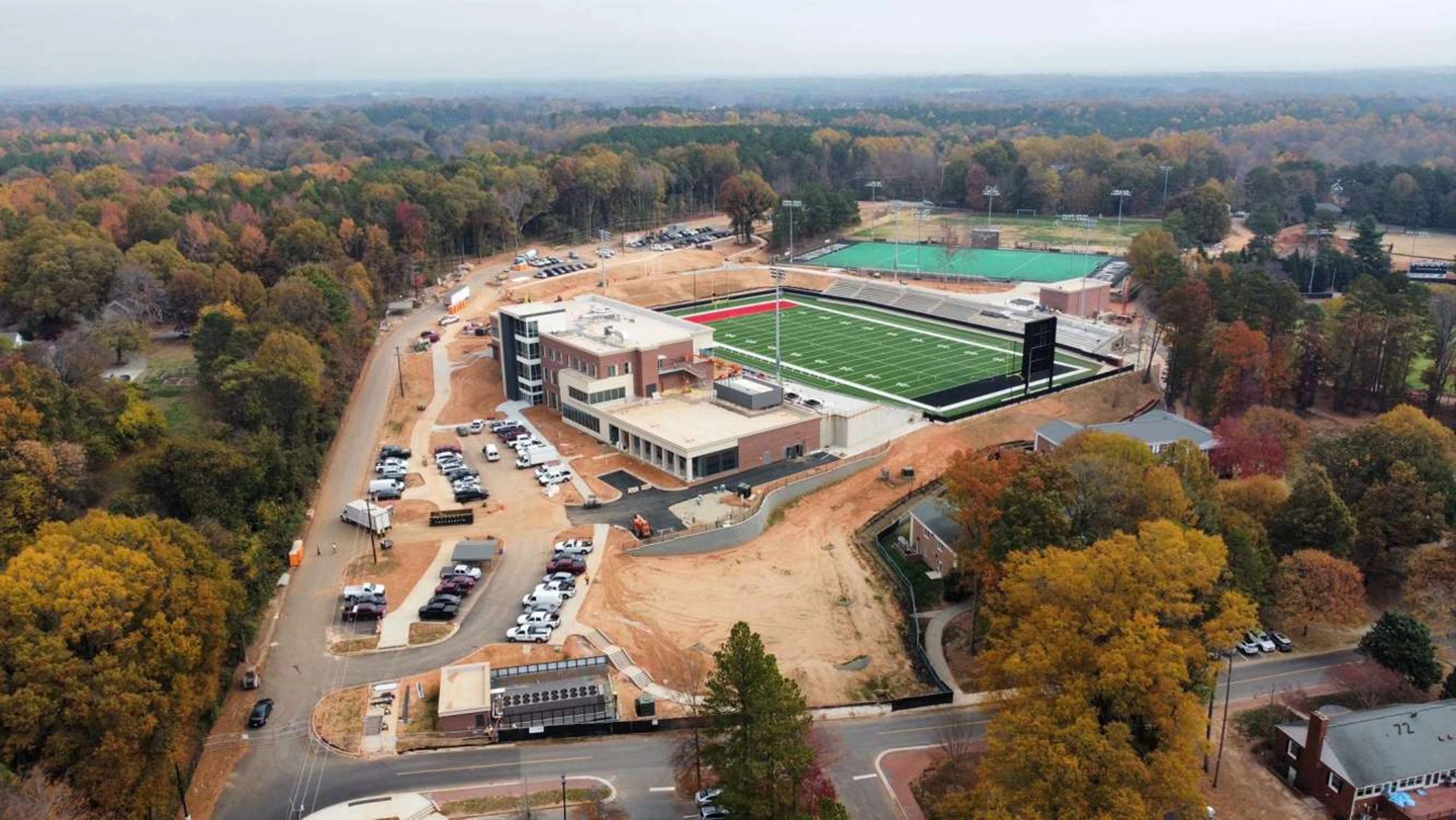 The new stadium will host the college’s Division I football and Division II lacrosse teams and is located adjacent to the existing field hockey and baseball fields. Photo courtesy of Rodgers Builders.