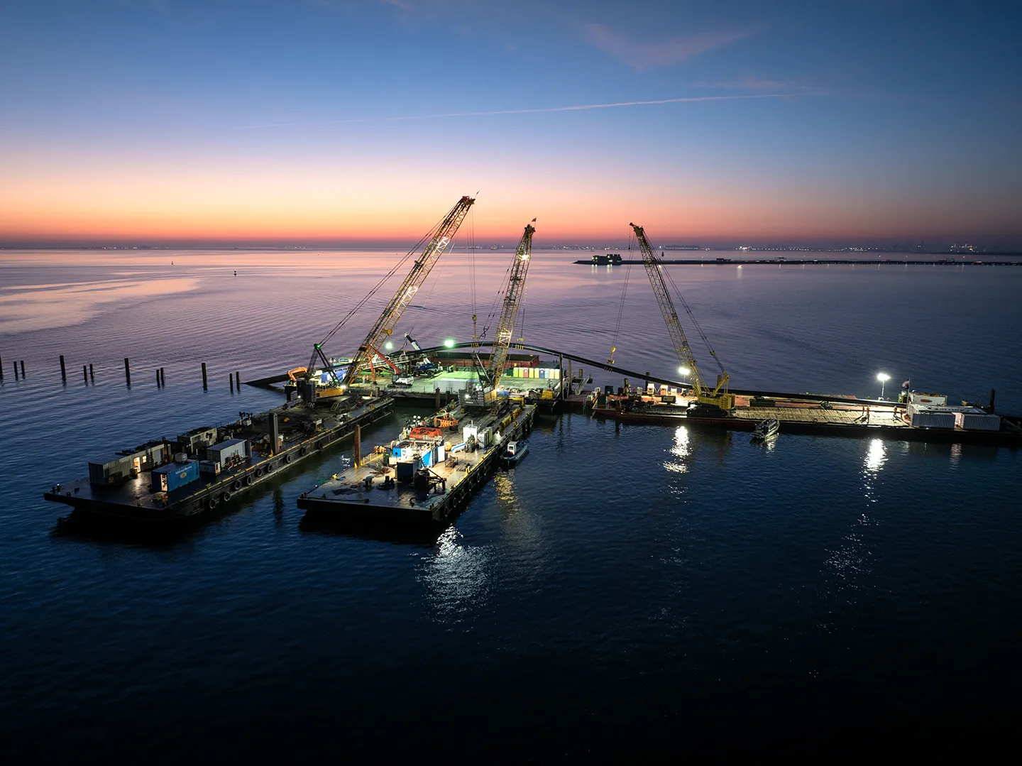 View of the horizontal directional drilling installation under the shipping channel in Newport News, Virginia. Photo courtesy of Garney Construction.