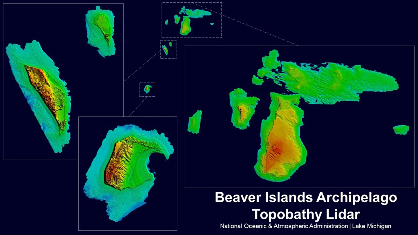 A Digital elevation model (DEM) of the Beaver Islands Archipelago and South Manitou Island in Upper Lake Michigan, including topobathymetric lidar to 7-meter depth contour.