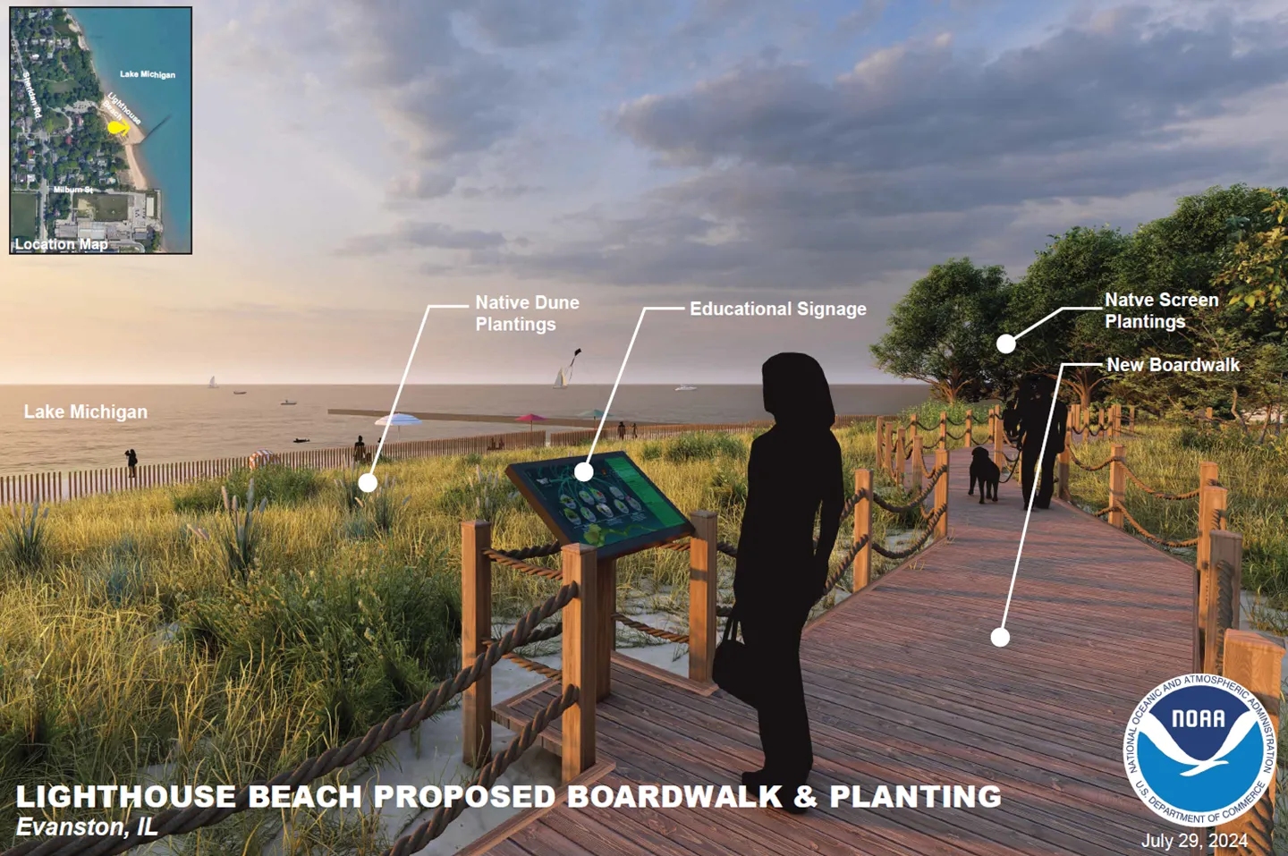 As part of the Great Lakes Restoration Initiative project, we developed plans and renderings for a proposed boardwalk and plantings on Lighthouse Beach.